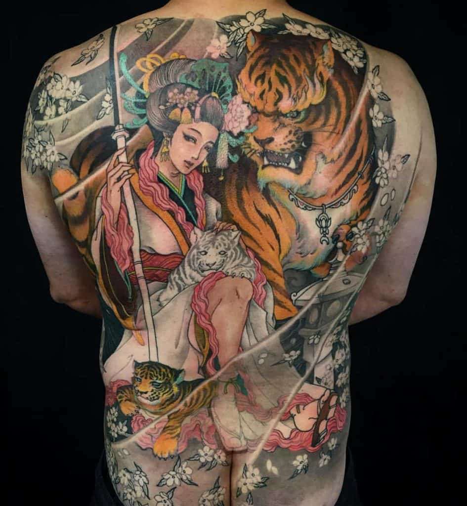 Lady and Tiger Back Tattoo