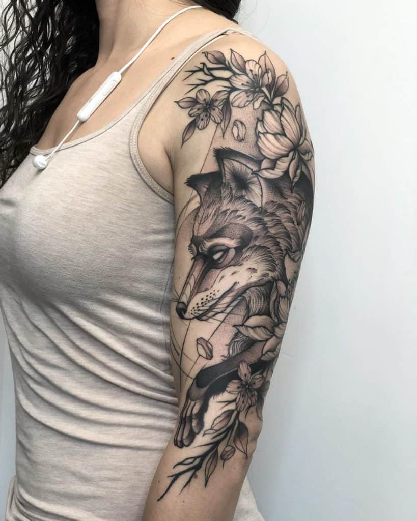 Wolf and Flowers Half Sleeve Tattoo
